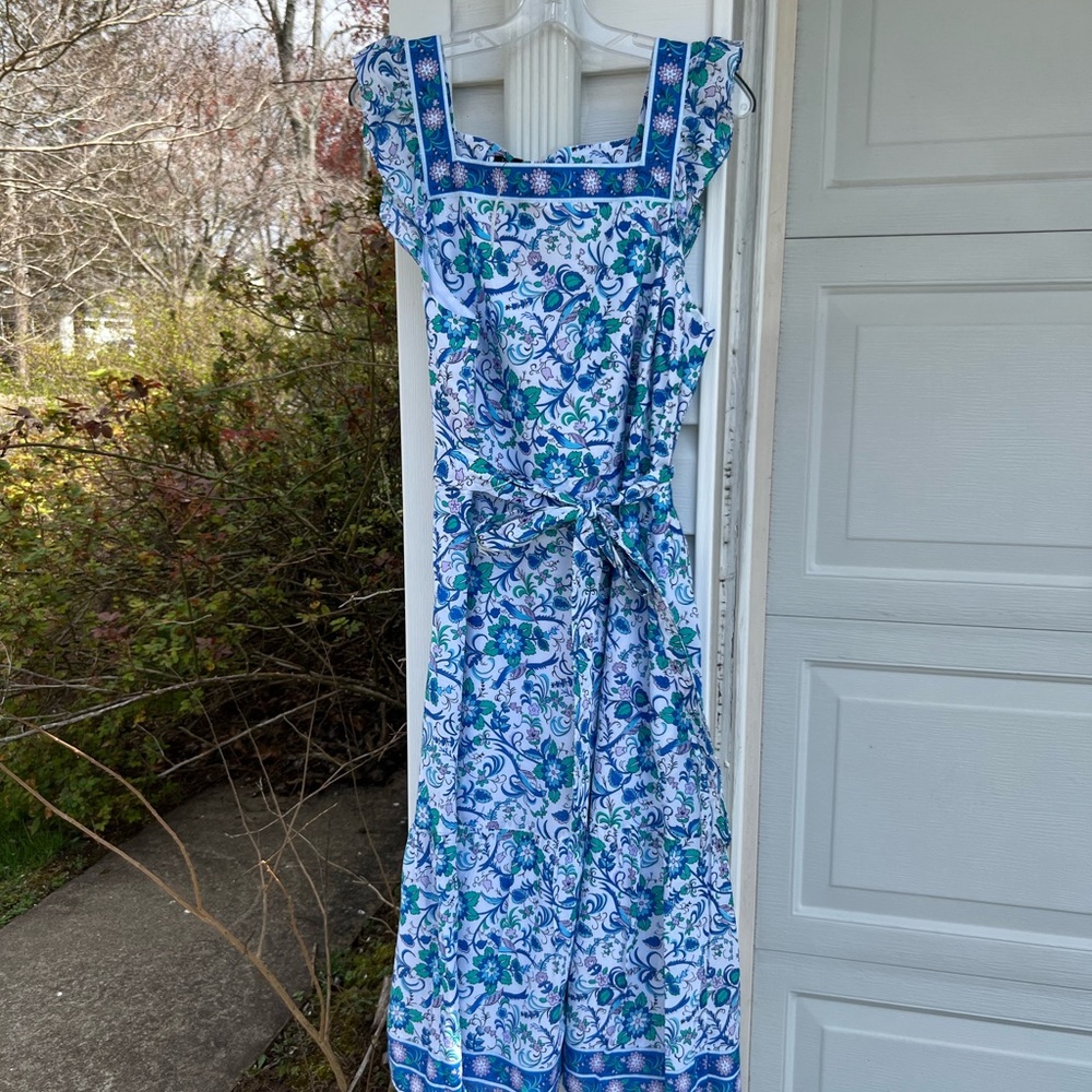 NWT Talbots Pretty Blues Green Lavender Floral Square Neck Lined Dress